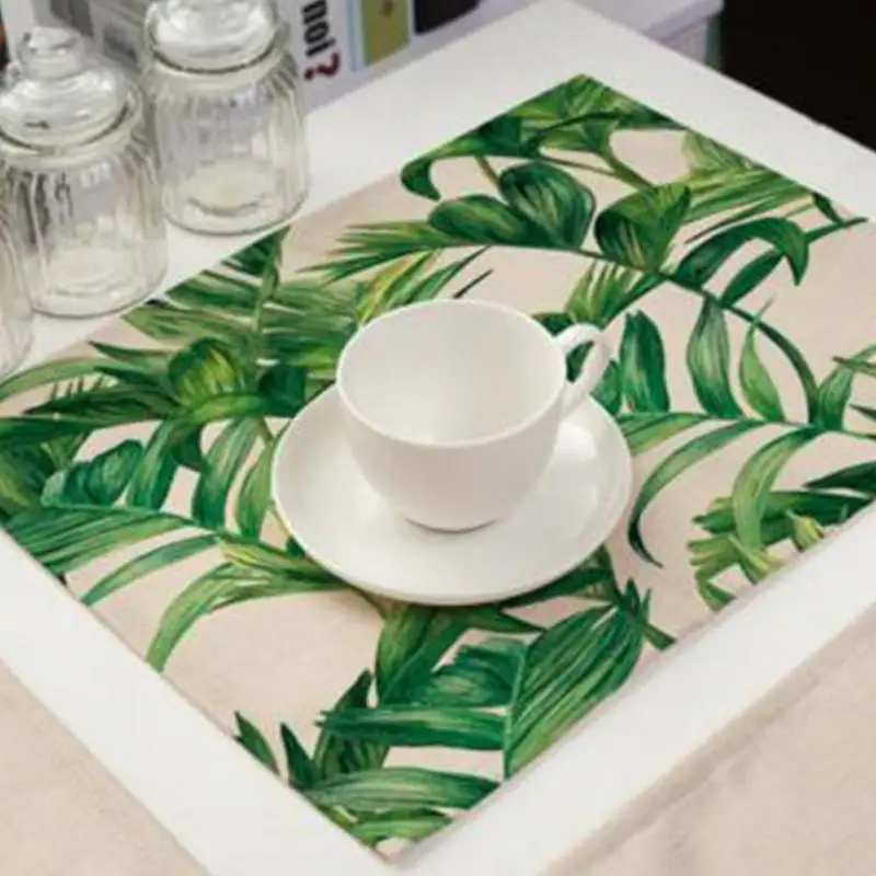 Placemat Green leaf print pattern heat resistant placemat cotton and