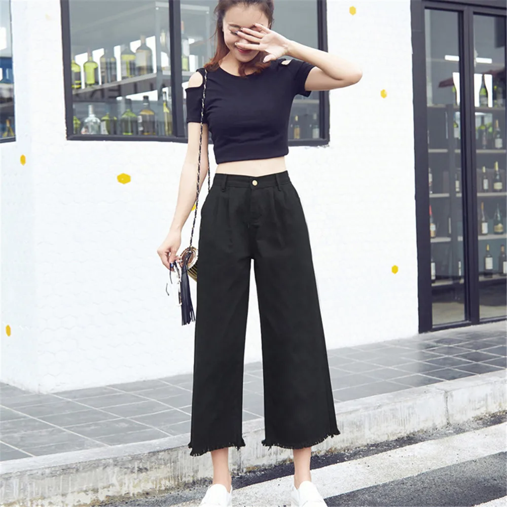 

plus size jeans woman fashion cotton Style Wide leg pants Burr Button Fold women jeans mujer jean femme denim spodnie damskie