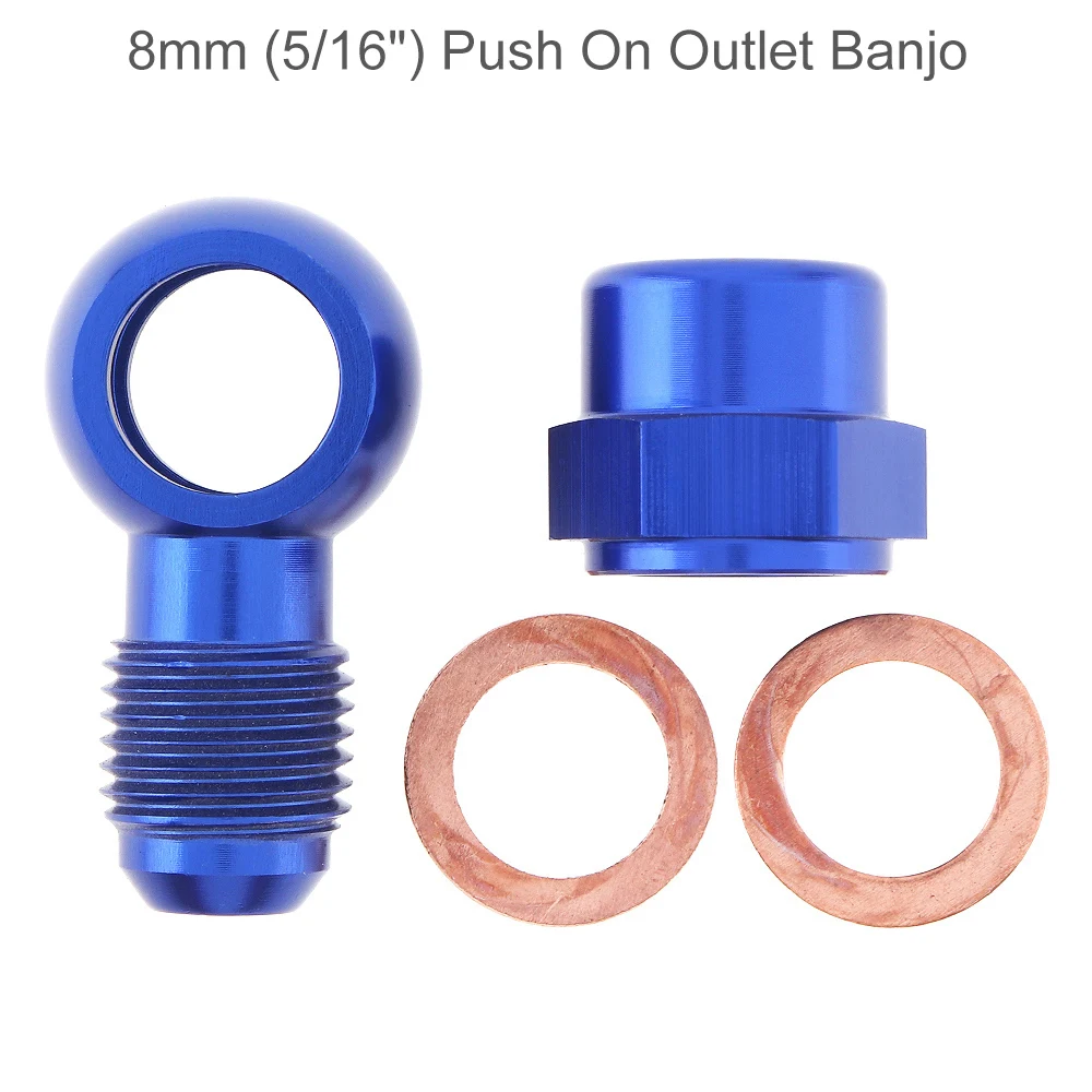 

Universal Aluminum Fuel Pump 8mm (5/16") Push On Outlet Banjo Adapter Fitting + Cap