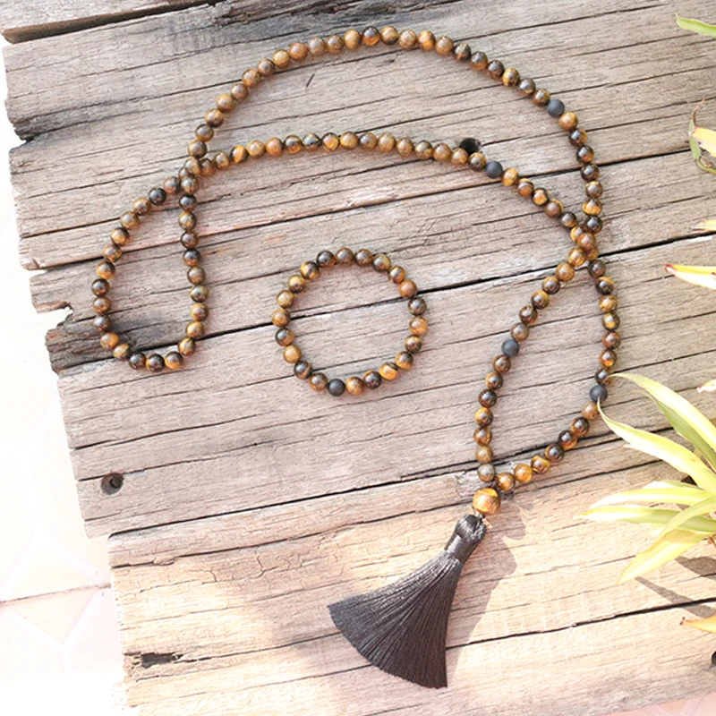 

8mm Natural Stone Beads,Matte Black Onyx,Tigers Eye, JapaMala Sets, Spiritual Jewelry, Meditation, Inspirational, 108 Mala Beads