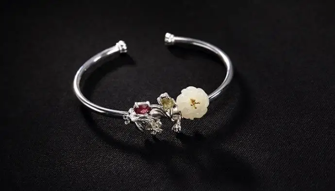 

JOOCHEER Sterling S925 925 silver Bangle flower natural stone brief trendy bracelet