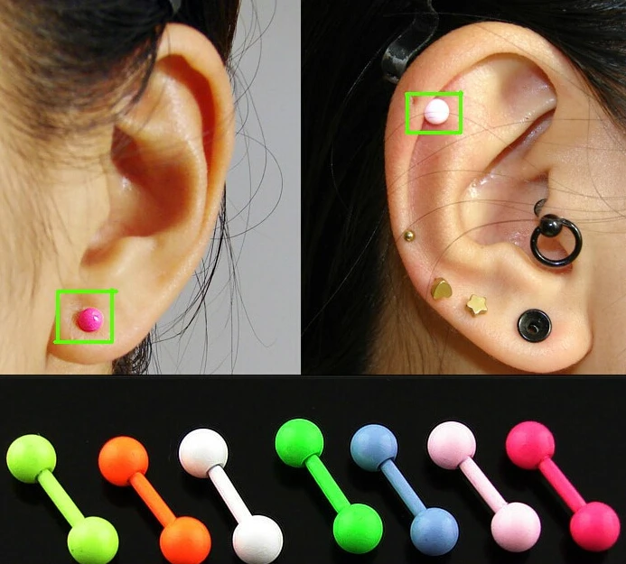 

2pcs 1.2x6x3 Free Ship Fashion Neon Color tragus Ear Nail fluorescence Earring Piercing Stainless Steel Body Jewelry tragus ring