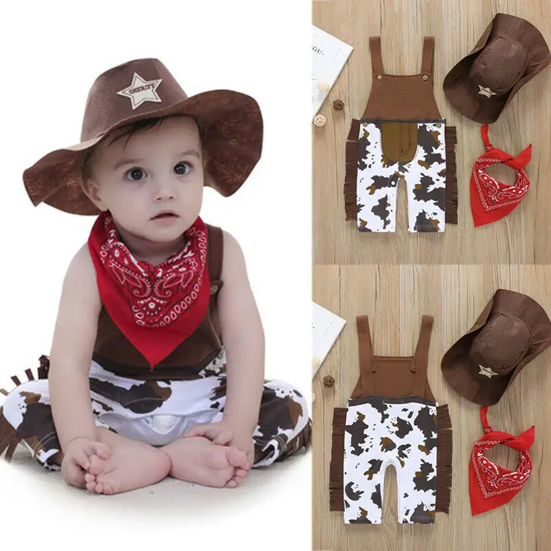 Pudcoco Newborn Baby Boy Clothes Cowboy Hat+Scarf+Sleeveless Romper