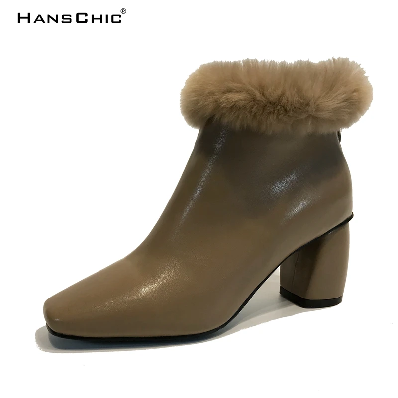 

HANSCHIC 2017 New Arrival Winter Brown Real Rabbit Fur Retro PU Leather Womens Casual Boots Shoes for Female 0002