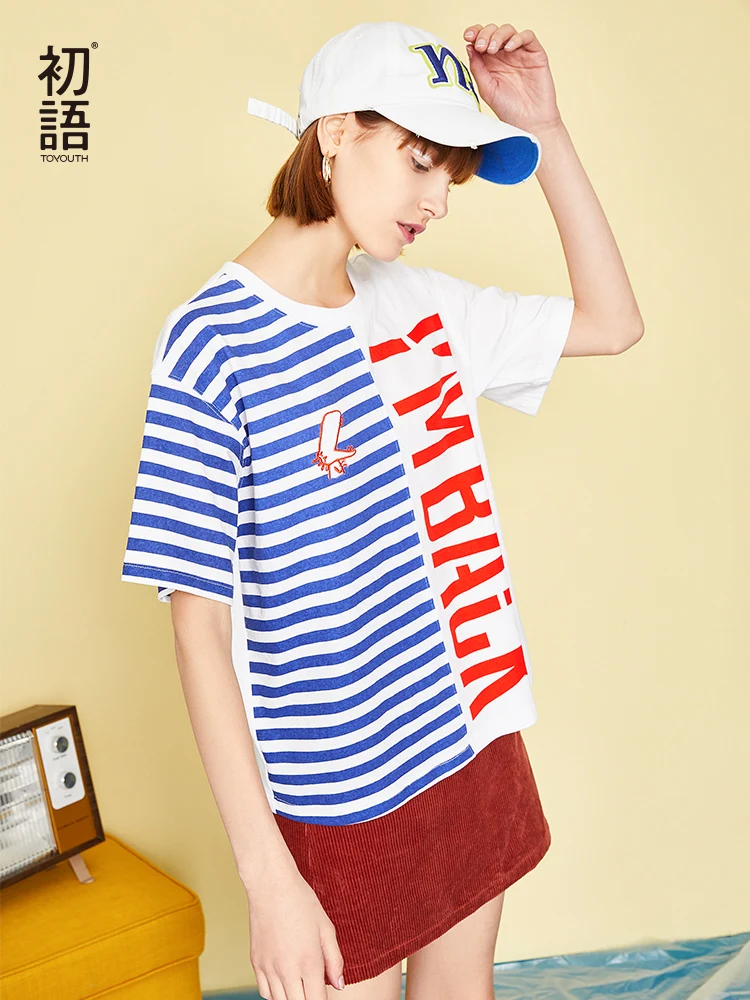 

Toyouth Striped T Shirt Harajuku T Shirt Women Letter Printed T-shirt Fashion Short Sleeve Cotton Tshirt Kawaii Top Tees Female