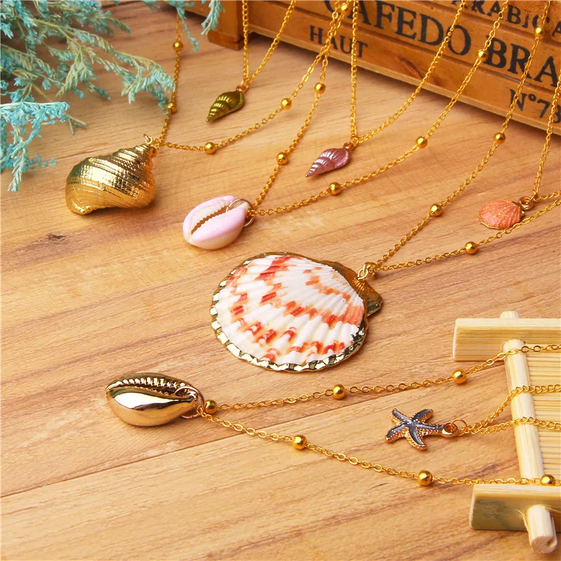 Богемное ожерелье в виде раковины морской звезды, каури, Золотое Гавайское летнее ожерелье, женское пляжное ювелирное изделие, подарок каури для девушек