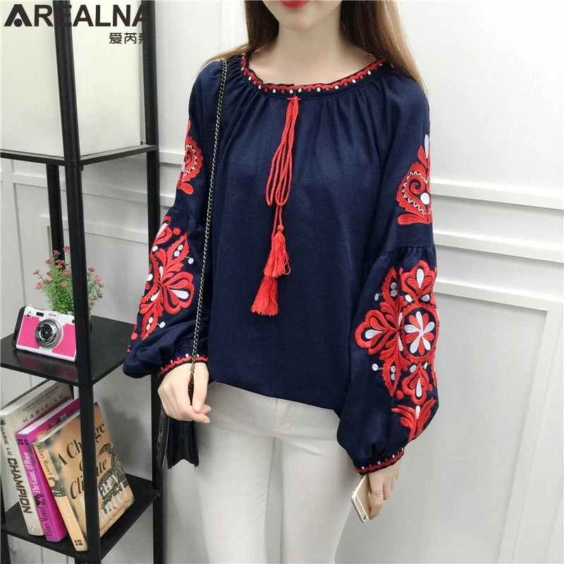 

AREALNA Cotton Linen Boho Embroidered kimono Blouse autumn Long Sleeve Women Blouses White Blue Black Casual Loose blusas