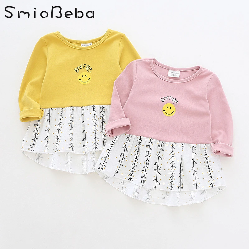 

Autumn Kids Dresses 0-5 Years Children's Pure Cotton Long Sleeved Printed Girl Korean Smiling Face Pattern Baby Girls Dress