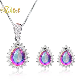 

ZHIXI Natural Topaz Necklace Pendant Earrings Set Rainbow Fire 925 Sterling Silver Jewelry New Gift For Women Water Drop T239DE