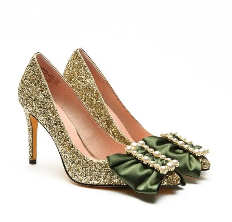

2018 women new fashion trend Gold wedding pump shoe female pointed toe high heels with crystal butterfly-knot sequins decor shoe