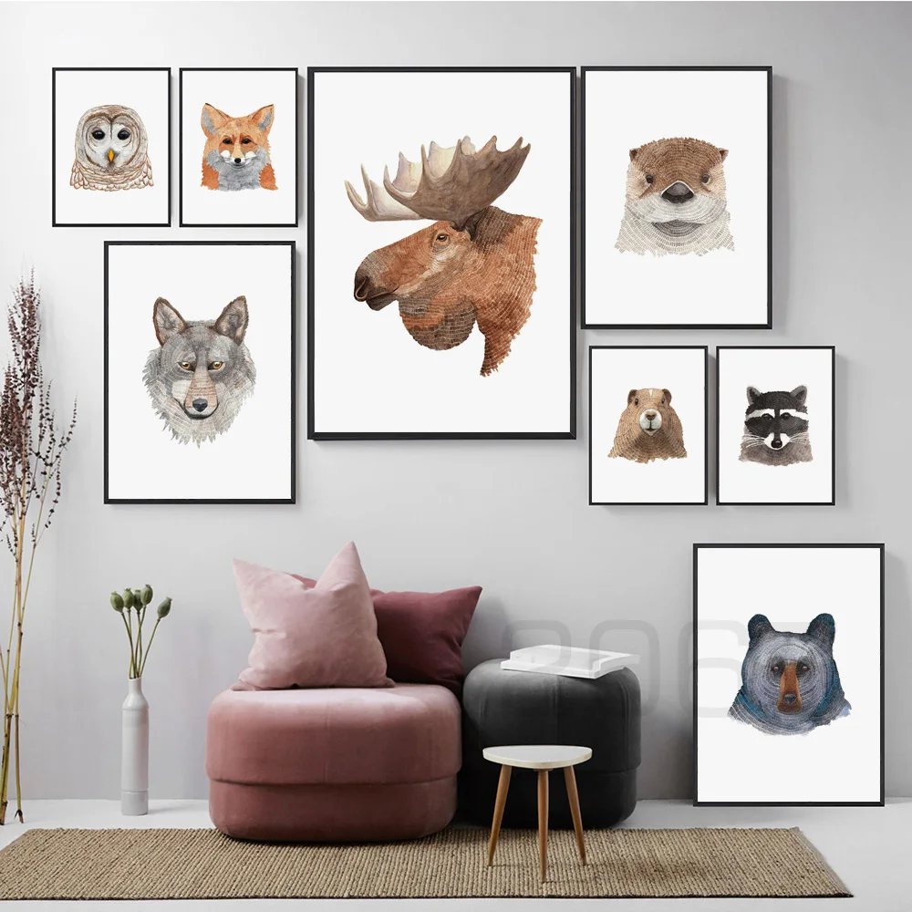 

Watercolor Print Fox Moose Bear Raccoon Otter Animal Wall Art Canvas Painting Nordic Poster Wall Pictures For Living Room Decor