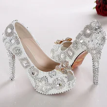 Peep Toe Wedding Shoes Gorgeous Pearl Bridal Dress Shoes White High Heel Lady Fashion Pump Party Club Shoes for wedding ceremony