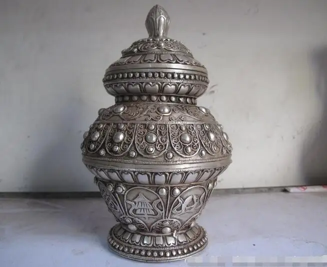 

Tibet Folk White Bronze Silver carved Eight treasures Crock Pot Box