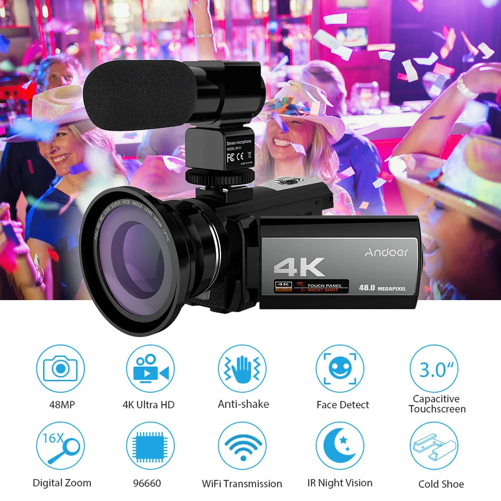 Andoer 4 K 48MP WiFi цифровая видеокамера+ внешний микрофон+ 0.39x широкоугольный объектив+ мини светодиодный свет+ сумка для камеры+ 2 шт. батарея