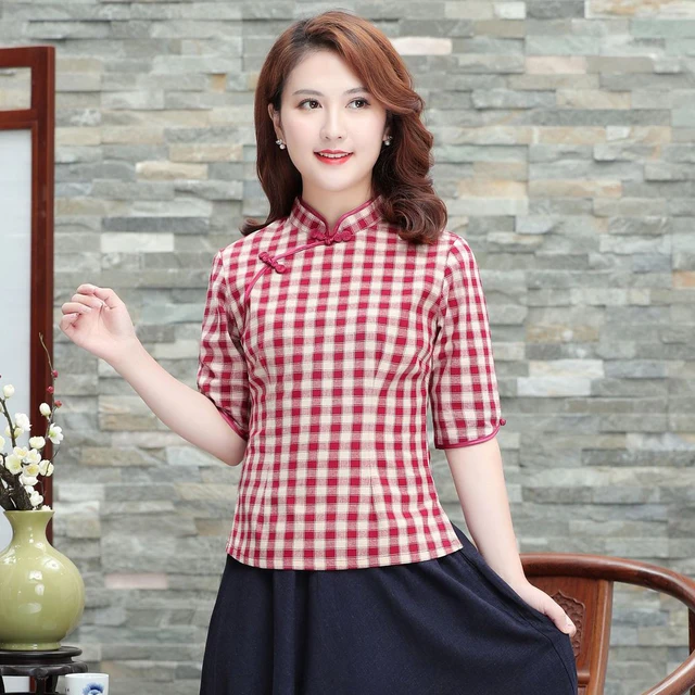 Novelty Plaid Short Sleeve Blouse Chinese Women Summer Cotton Linen ...