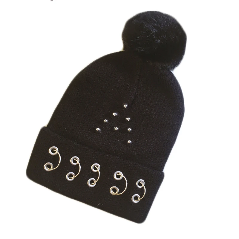 3-10 Year old Autumn Winter Kids Children Hat Fashion Punk Boys Girls Knit Hats Baby Cute Rivet Hairball Cap Outdoor Cotton Cap