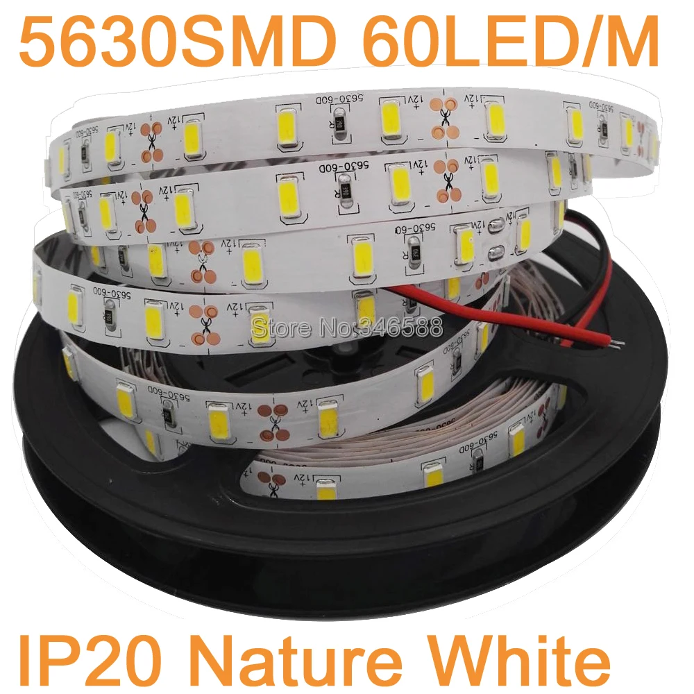 5 м 12В 5630 Светодиодная лента IP20 неводонепроницаемая 60LED/M Нейтральная белая