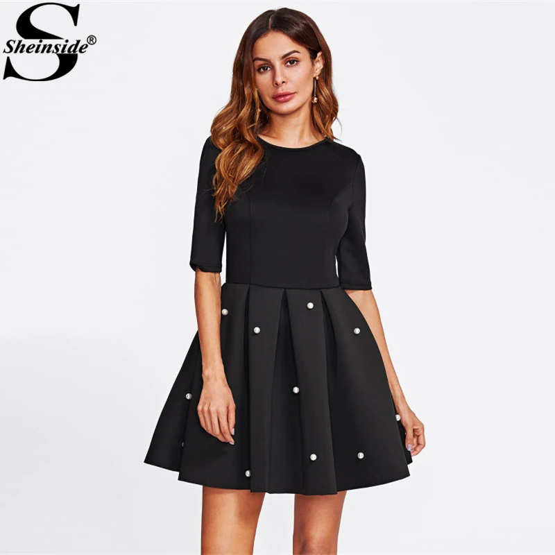 Sheinside Pearl Beading Boxed Pleated Flare Party Dress Black Round Neck Half Sleeve Fit A Line Dress Women Elegant Winter Dress