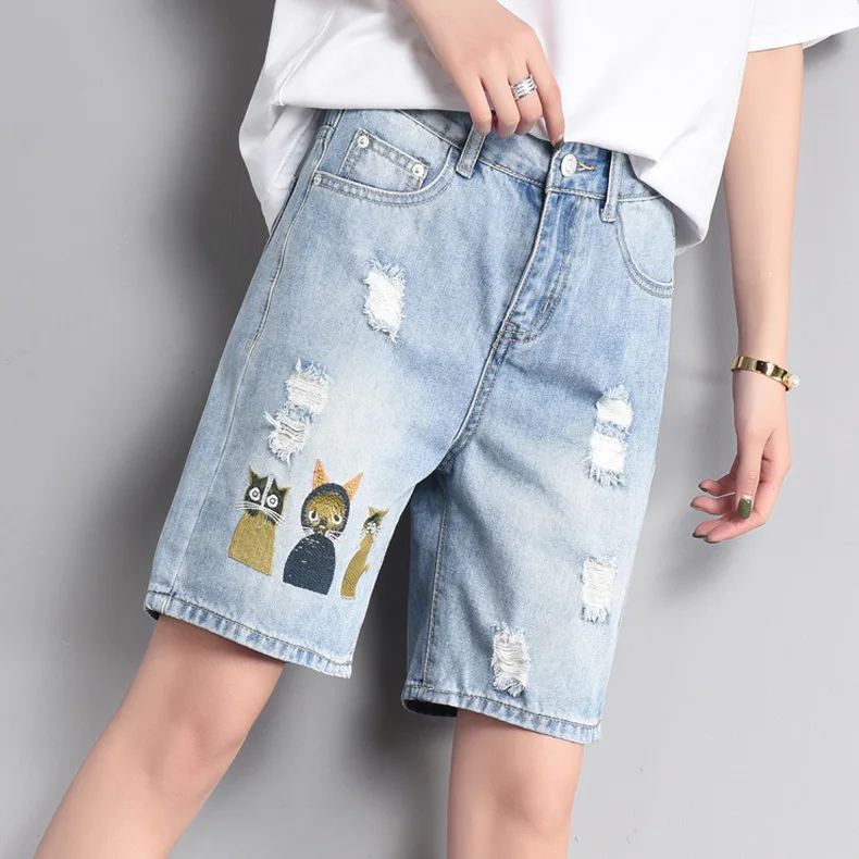 Lguc.H Embroidery Jeans Shorts Women Ripped Torn Jeans Boyfriend Denim
