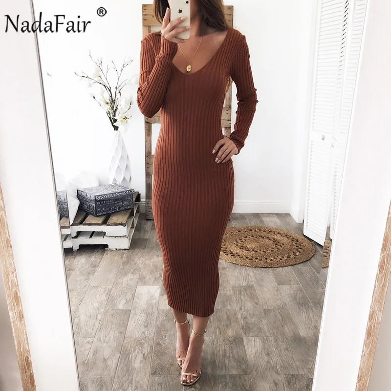 Goedkoop Nadafair Gebreide Trui Jurk Vrouwen Elastische Lange Mouwen Midi Zwart Wit Rood Bodycon Knit Winter Lange Jurk