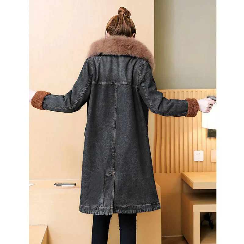 Long 2018 Automne Occasionnel Fourrure N1006 Jean bleu Jeans Survêtement Coton En Nouvelle Parka Femmes Poches Femelle Col Hiver Chaud D'agneau De Veste Laine Noir vxrvpAq