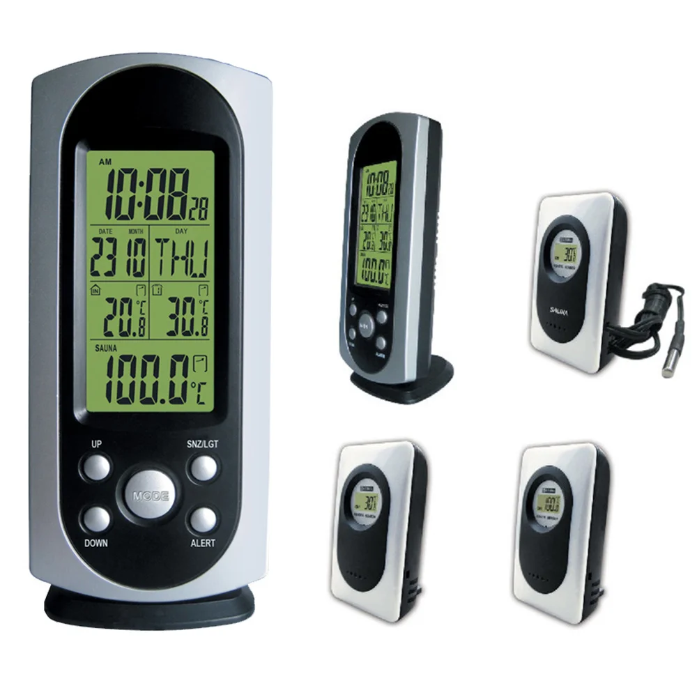 

RF Wireless Backlight Weather Station with Thermometer Humidity Sauna Temperature Digital Alarm Clock 3 Sensors free shipping