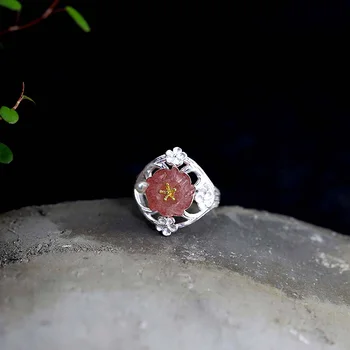 

Guaranteed 925 Silver Sterling Ring Engagement Womens Jewellery Natural Strawberry Quartz Opening Type Fine Jewellery