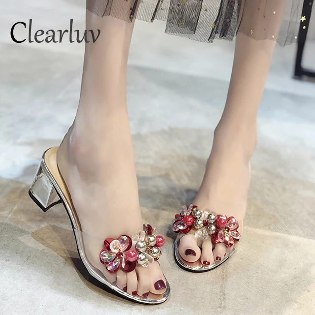 

2019 summer new transparent rhinestone thick with slippers women's dress wild open toe high heel women's shoes sandals C1245