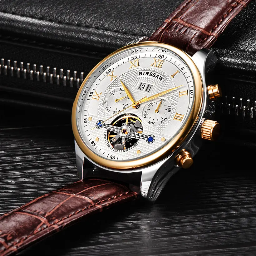 BINSSAW новые мужские кожаные часы наручные оригинальные Роскошные Лидирующий бренд большие автоматические Модные Спортивные механические часы Relogio Masculino