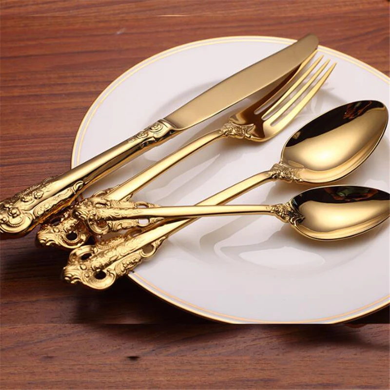 

Gold Cutlery Stainless Steel Retro Embossed Carve Dinnerware Set Long Handle Forks Ice Cream Tea Coffee Spoon Home Tableware