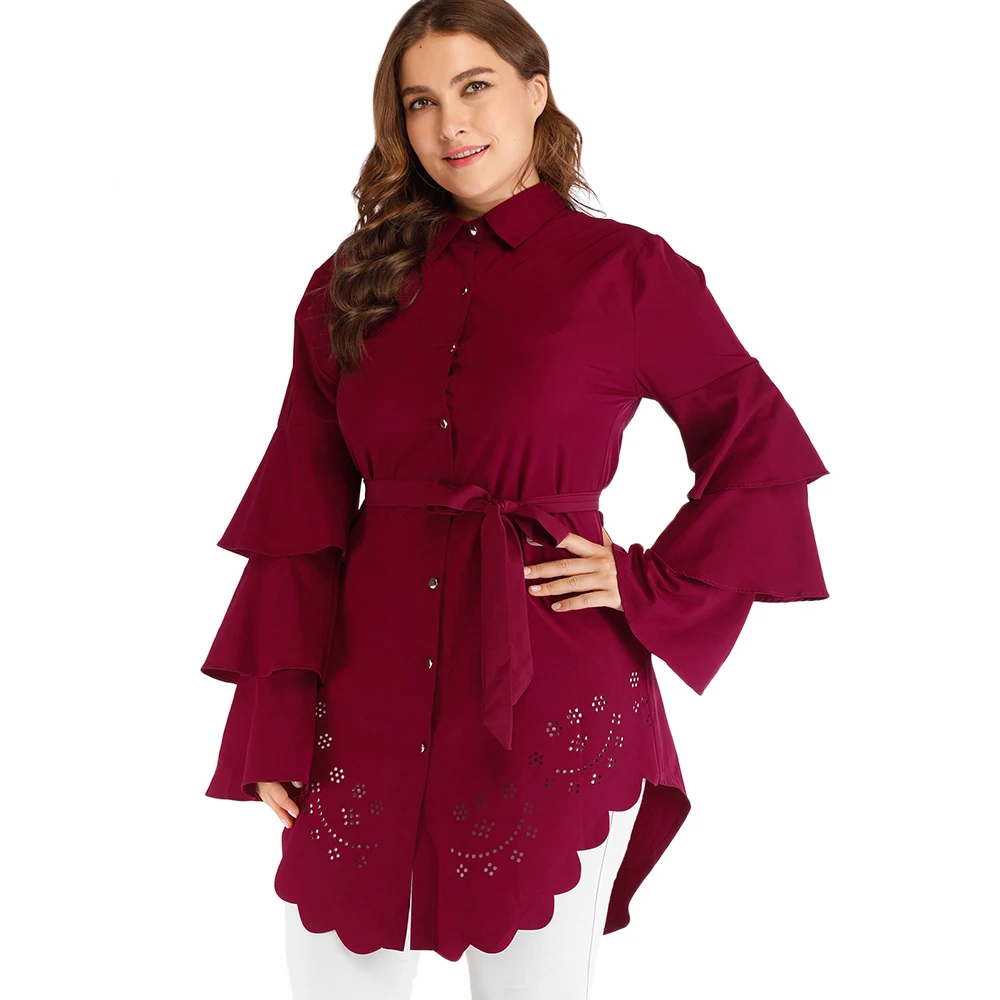 Acheter Plus la Taille Asymétrique À Volants Manches Blouse Femmes 2018 Col de Chemise À Manches Longues Solide Shirt Automne Printemps Grande Taille Dames Blouse 5XL