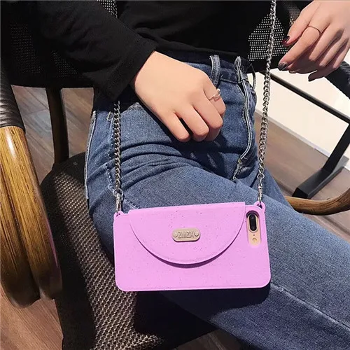 Модный силиконовый кошелек, сумка для карт, Женская сумочка, чехол с длинной цепочкой Matel для Iphone 11 Pro Max XS Max XR X 8 7 6 6S Plus - Цвет: Лаванда