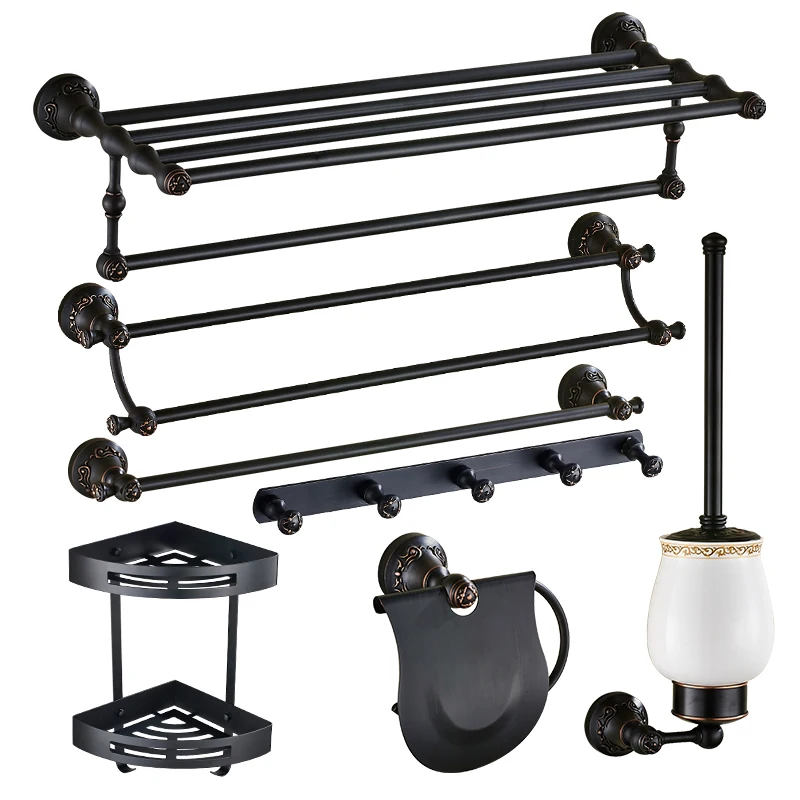 

AUSWIND Antique Black Oil Bronze Carved Round Base Bathroom Accessory Solid Brass Wall Mount Bathroom Hardware sets JN-801