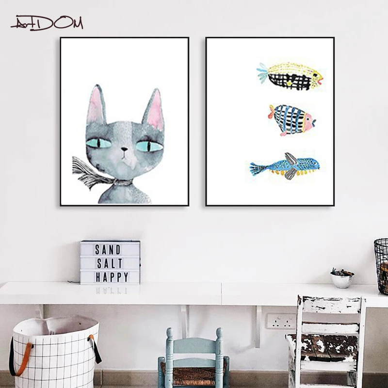 

Artdom Cat and Fish Canvas No Frame Art Print Poster Wall Pictures Living Room Home Decor Paintings