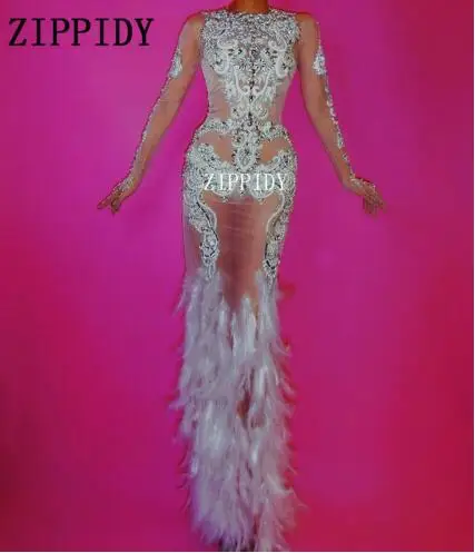 

New Fashion Luxurious Rhinestones Dress Glisten Evening Feather Mesh Dress Women's Prom Birthday Celebrate
