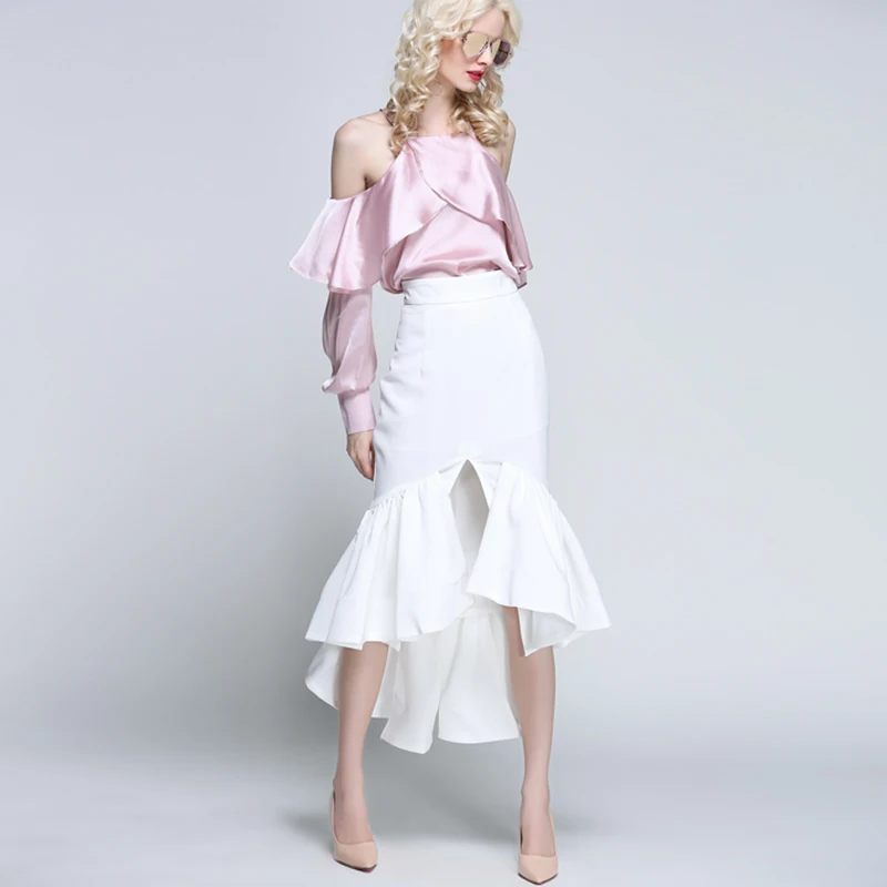

2019 Skirts Women's New Spring Mermaid Fashionable Design Banquet Lotus Leaf Edge Fishtail Half-length White/Black Trumple Skirt