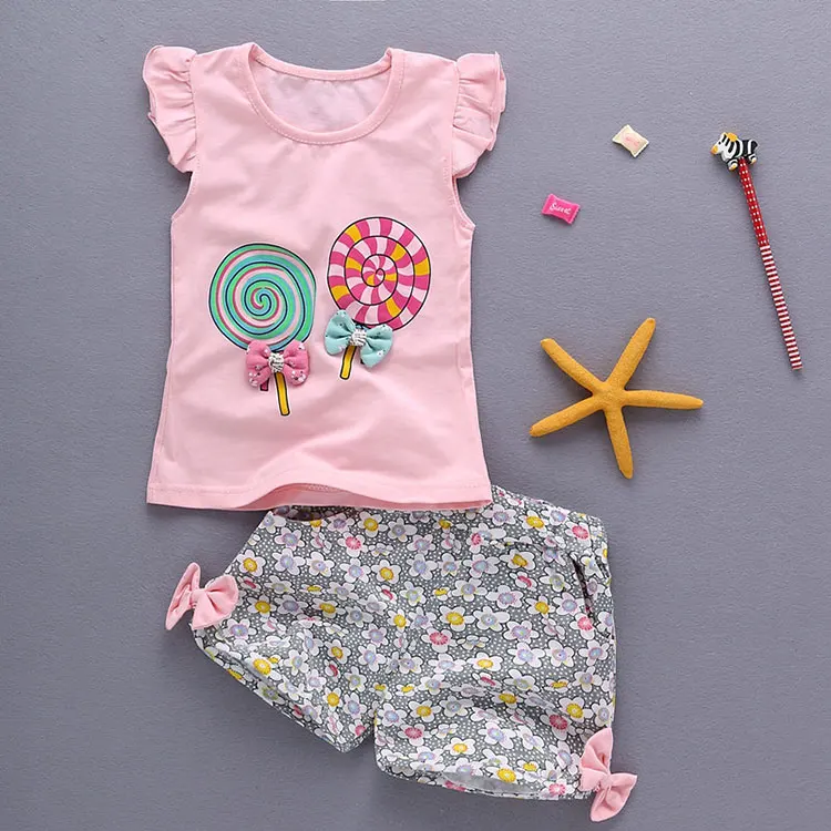 Одежда для маленьких девочек Спортивная Футболка с принтом топы, комплект для лета, пуловер для новорожденных на день рождения, костюм комплекты одежды для малышей, жилет
