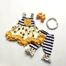 Одежда для маленьких девочек лето-весна жёлтый Подсолнух платье наряды черный белый stripee детская бутики с аксессуарами