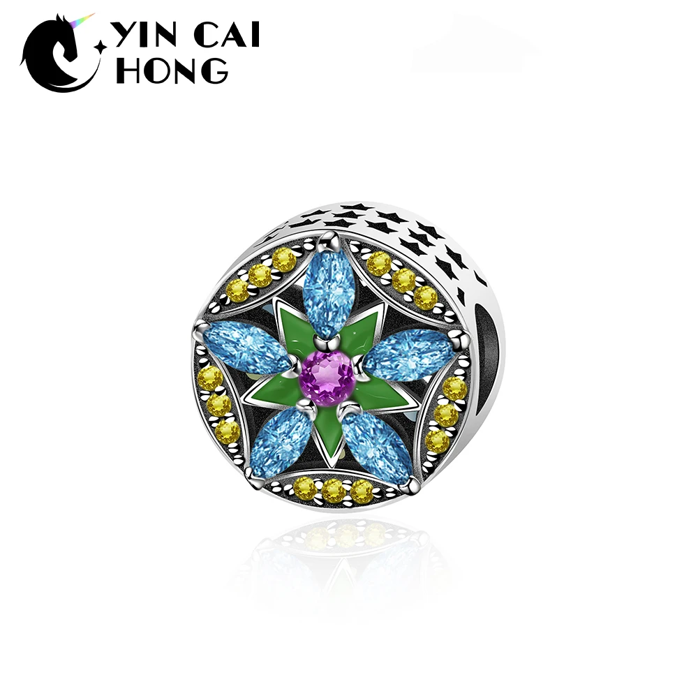 

YCH 925 Sterling Silver Nano Yellow Rose Red Horse Eye Sea Blue Zircon Crystal Pentagram Hollow Charms Bracelet Diy Jewelry
