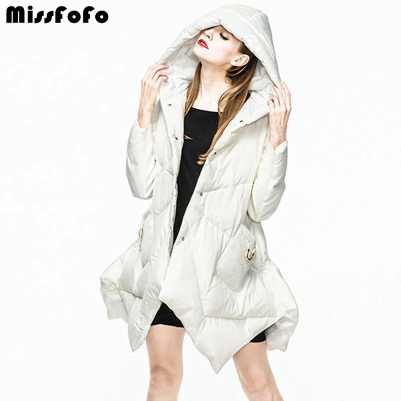 

MissFoFo Womens Down Coats and Jackets 2018 New Fashion Down Parka Black White Duck Down Loose Thin Female Long Down Coat