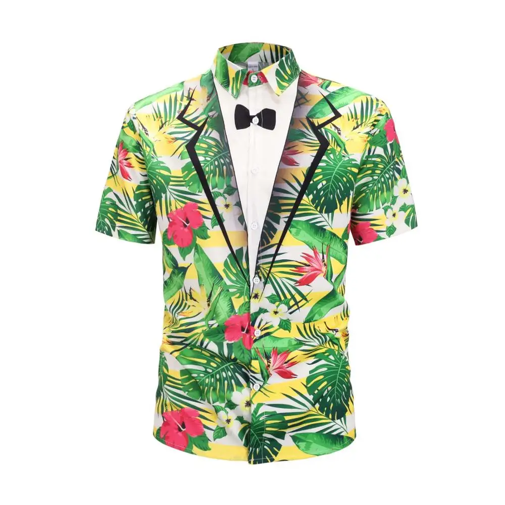 

Men Short Sleeve Beach Hawaiian Shirt Tropical Summer Shirt Men Brand Clothing Casual Slim Fit Fake Two Pieces Tie Top Plus Size