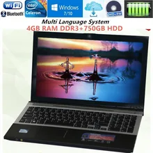 4G DDR3+750GB HDD 15.6inch Gaming Laptop J1900 Quad Core Windows7/10 Notebook PC Laptop Computer with DVD ROM WIFI webcam HDMI