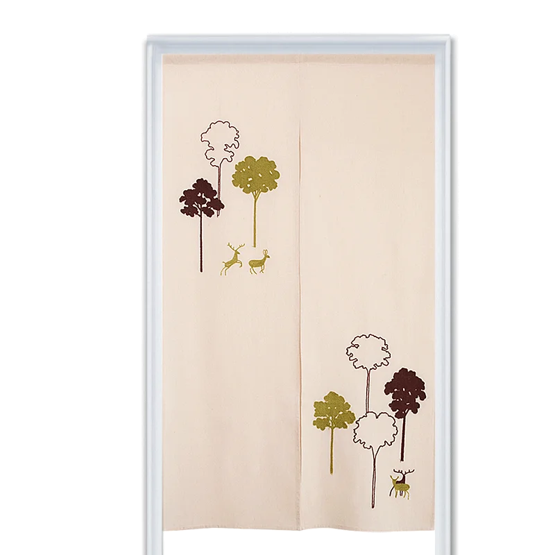 Japanese Style Seven Trees Embroidered Door Curtain Natural Cotton