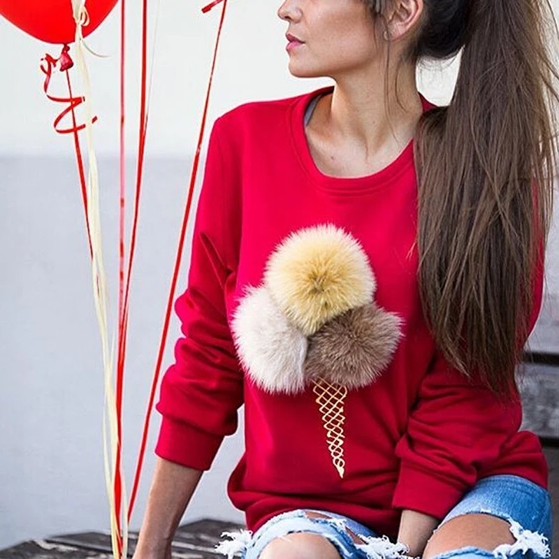 Женская толстовка с круглым вырезом и меховым помпоном без воротника|Толстовки