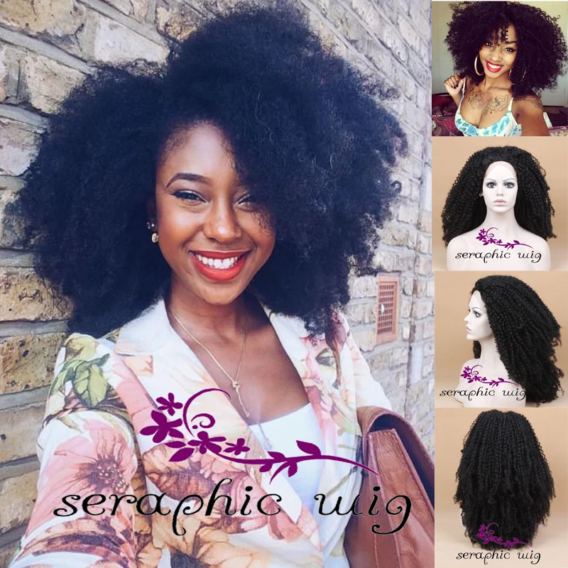 High Quality Afro Kinky Curly Synthetic Wigs Heat Ok Black Synthetic