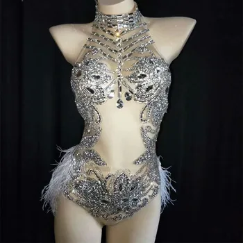

Silver Crystals Bodysuit Singer Sparkling Sexy Female Costume Slim Performance Jumpsuit Nightclub Dj Birthday Party Stage Outfit