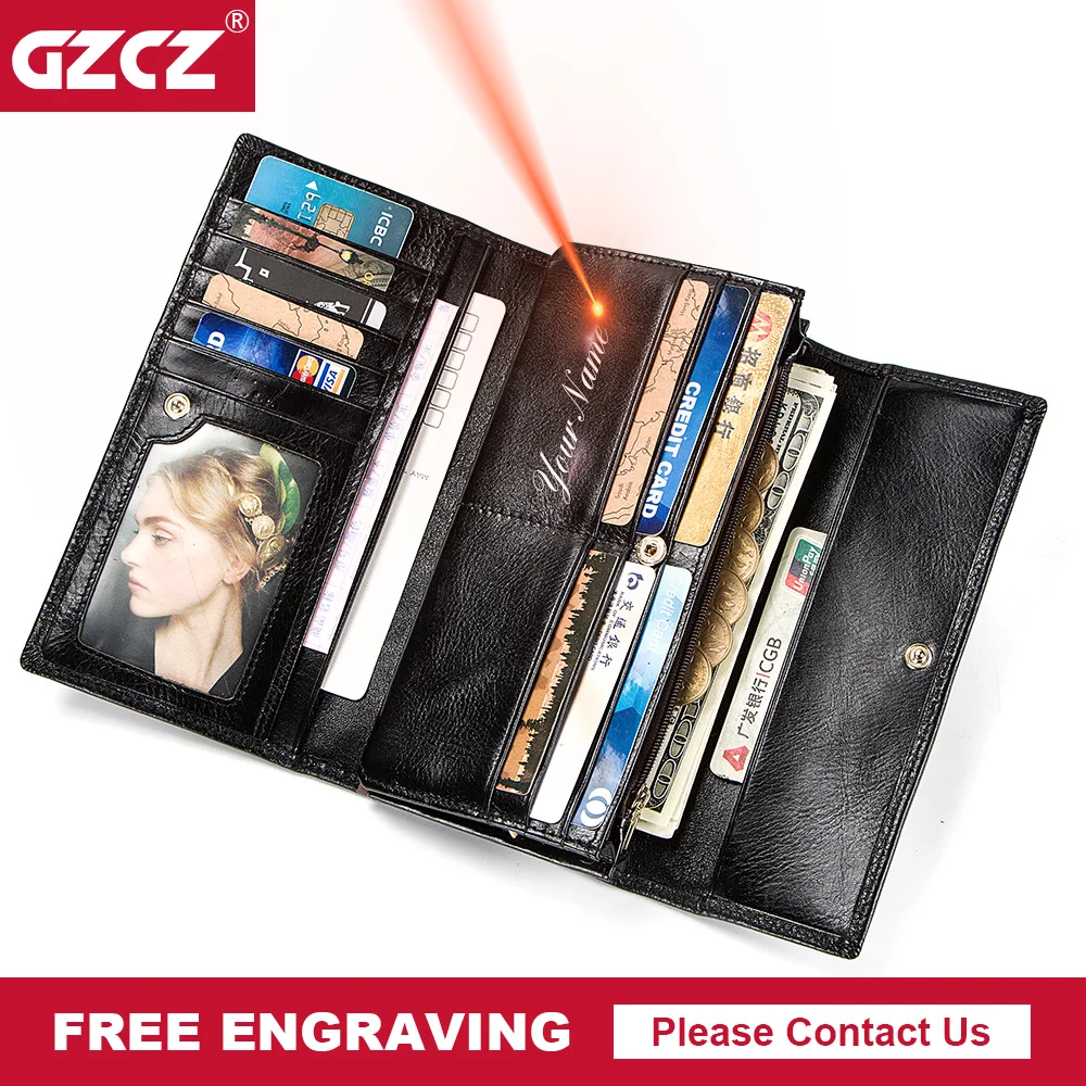 

GZCZ Wallet Female Fashion Women's Genuine Leather Wallets Card Holder Long Purse Handy Money Bag Free Engraving Clamp For Money