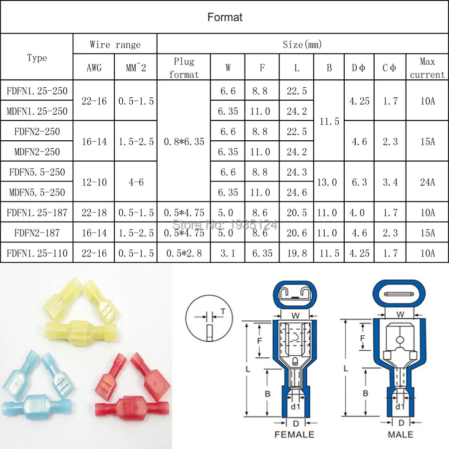 22 16AWG 0 5 1 мм FDFN1.25 250 Nylon Женская вилка 6 3 вставки с пружиной|crimp terminal female|terminal