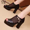 2022 Women Sandals Square High Heel Summer Shoes Woman Pumps Sexy Flower Net  Hollow Peep toe Gladiator Sandals size 35-39 ► Photo 2/6