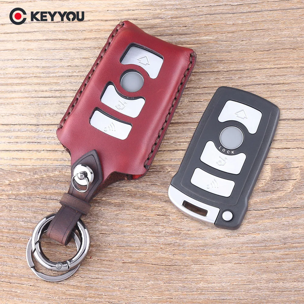 

KEYYOU 4 Buttons Leather Car Key Shell Key Case Cover Fob For BMW 7 Series E65 E66 E67 E68 745i Keychain Remote Key Bag
